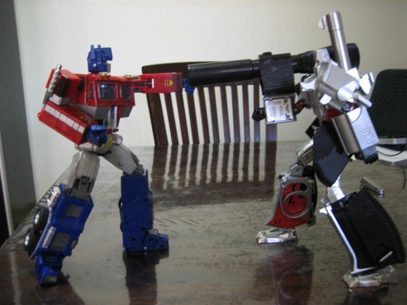 Face off between Optimus and Megatron